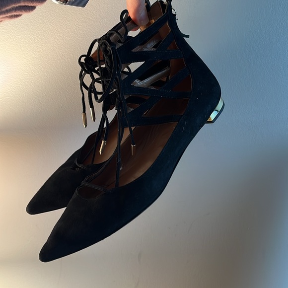 Aquazzura Shoes - Aquazzura Belgravia LaceUp Pointed Toe Ballet Flats Black Cutout Suede Size 7.5